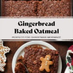 Two squares of baked oatmeal on small white plates garnished with a small gingerbread man cookies and a fork slicing off a piece from one of the plates.