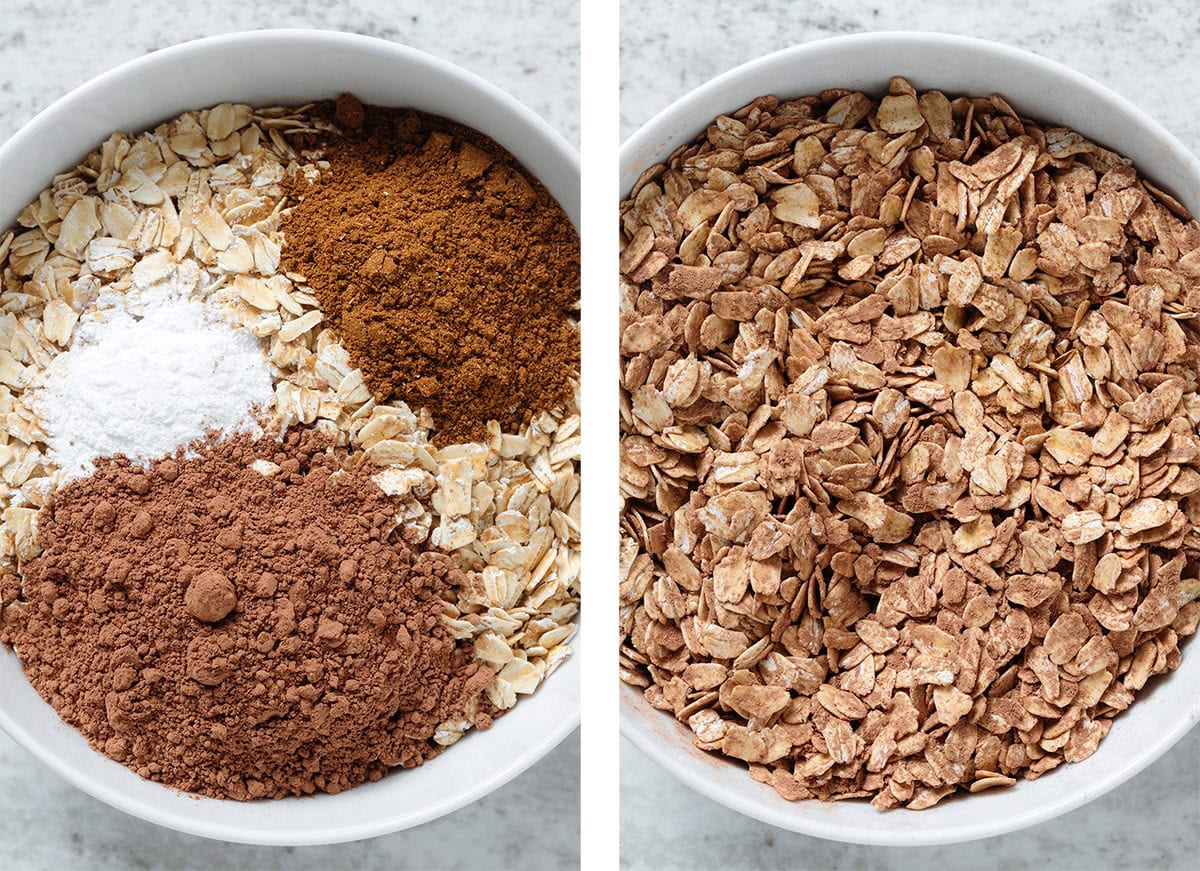 Rolled oats whisked with spices, cacao powder, and baking powder in a white bowl.