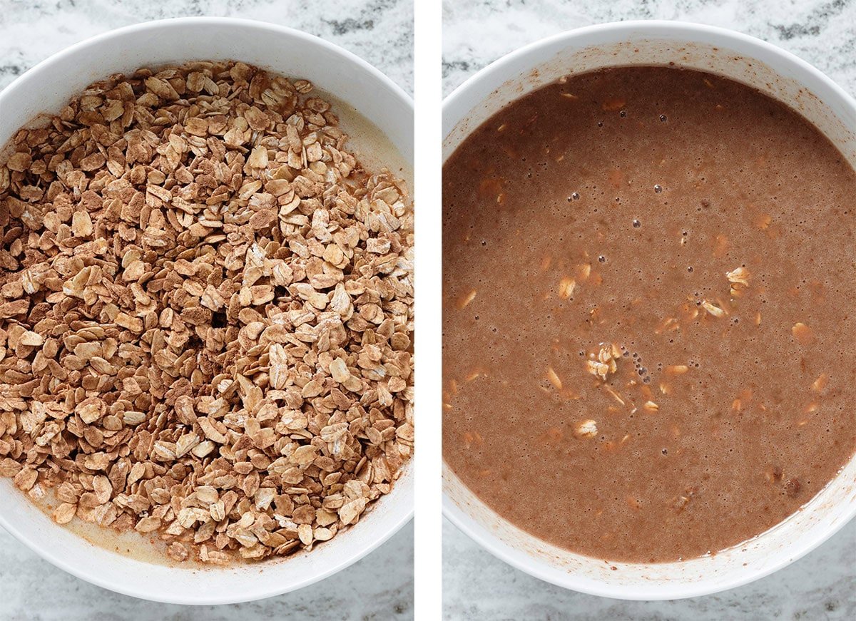 Dry ingredients whisked into wet ingredints to form loose batter.