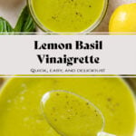 Bright green vinaigrette in a small glass bowl sprinkled with black pepper and a spoon scooping up the vinaigrette.