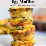 Four smoked salmon egg muffins stacked on a small white plate.