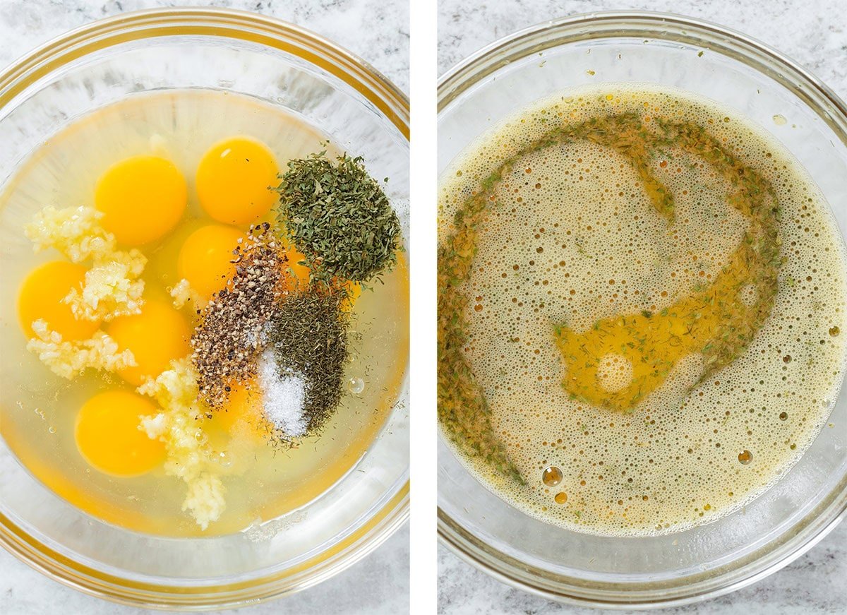 Eggs, spices, and garlic in a large glass bowl before and after whisking.