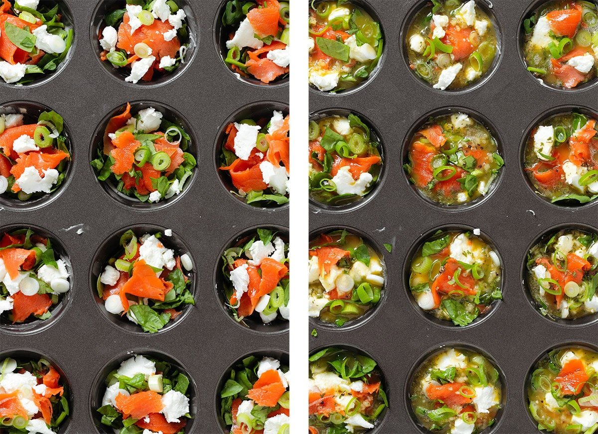 A muffin pan with baby spinach, smoked salmon, spring onion, and cream cheese on the left and with egg mixture being added on the right.