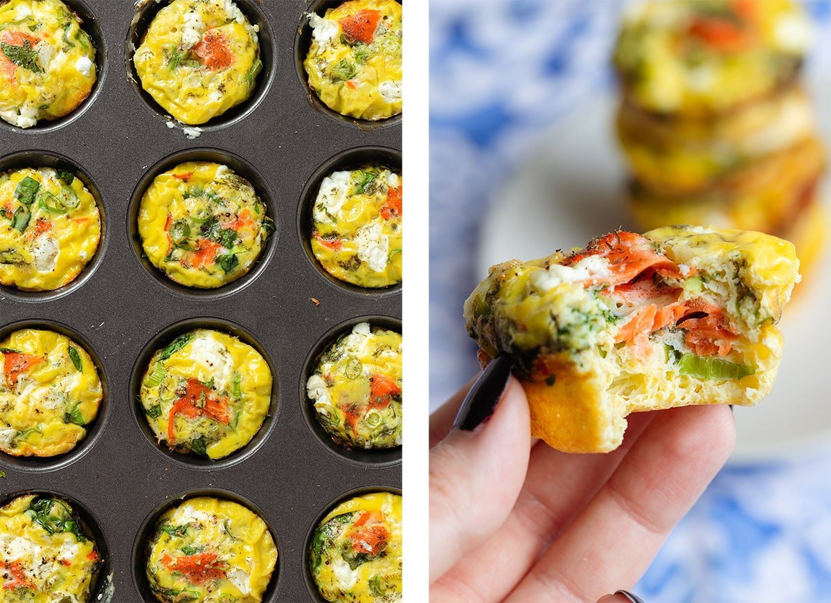 Baked egg muffins in a muffin pan on the left a hand holding one with a bite taken out of it on the right.