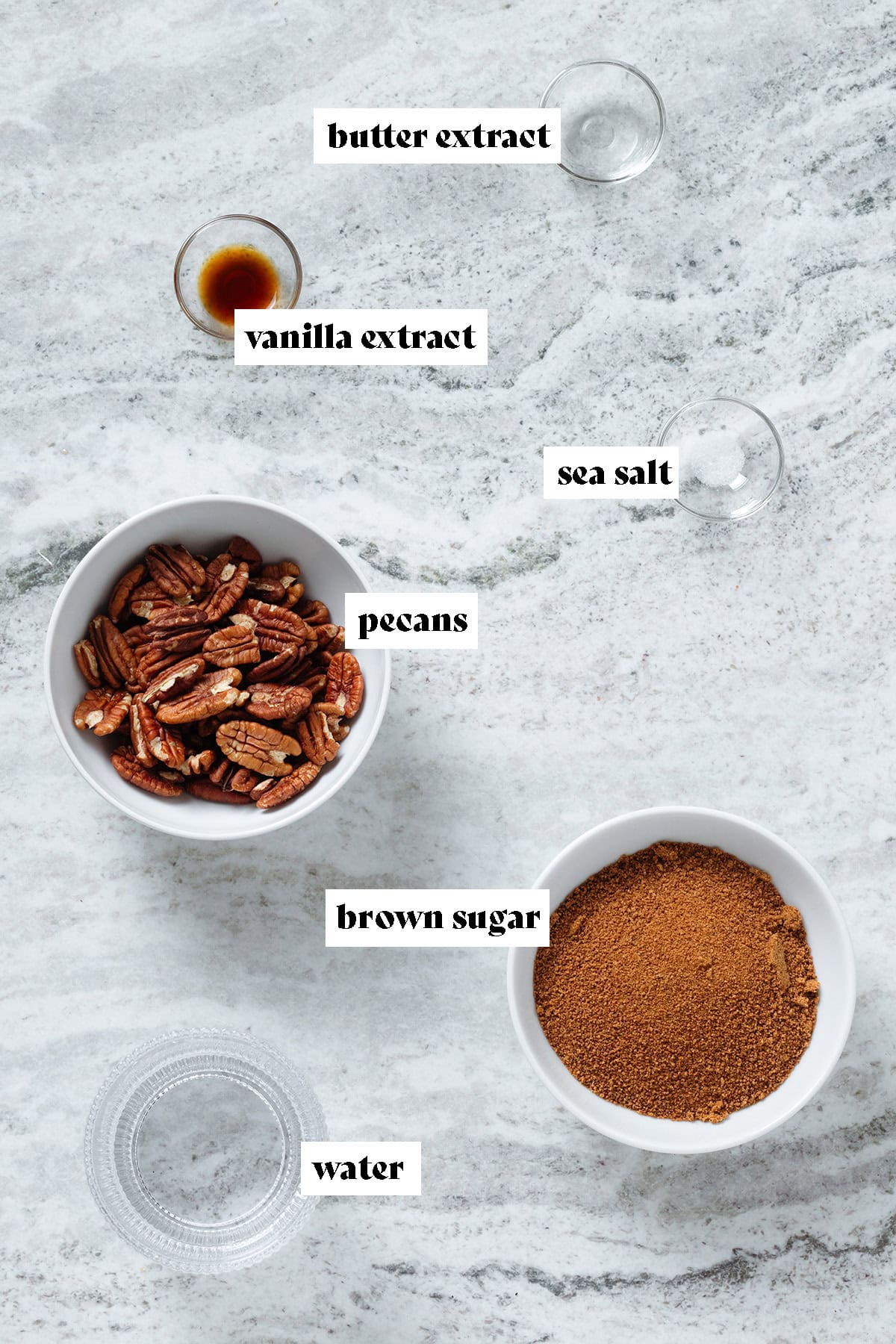 Ingredients like pecans, brown sugar, and vanilla extract in various small bowls with text overlay.