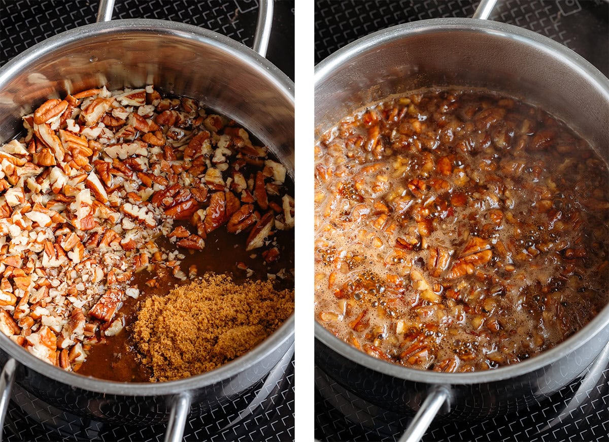 Chopped pecans, brown sugar, and water simmering in a small pot on the stove.