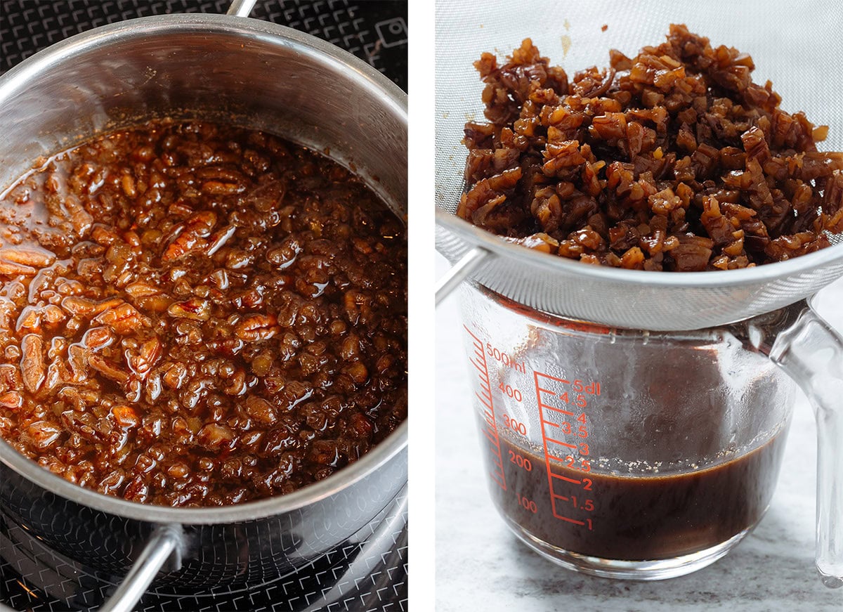 Syrup with finely chopped pecans being strained through a fine mesh strainer into a tall glass measuring cup.