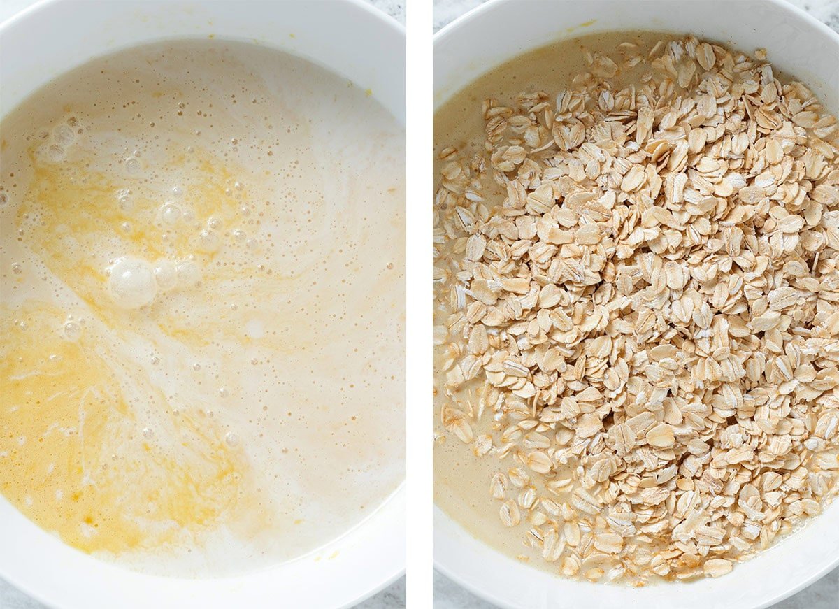 Milk and rolled oats being whisked into the rest of the ingredients in a white mixing bowl.