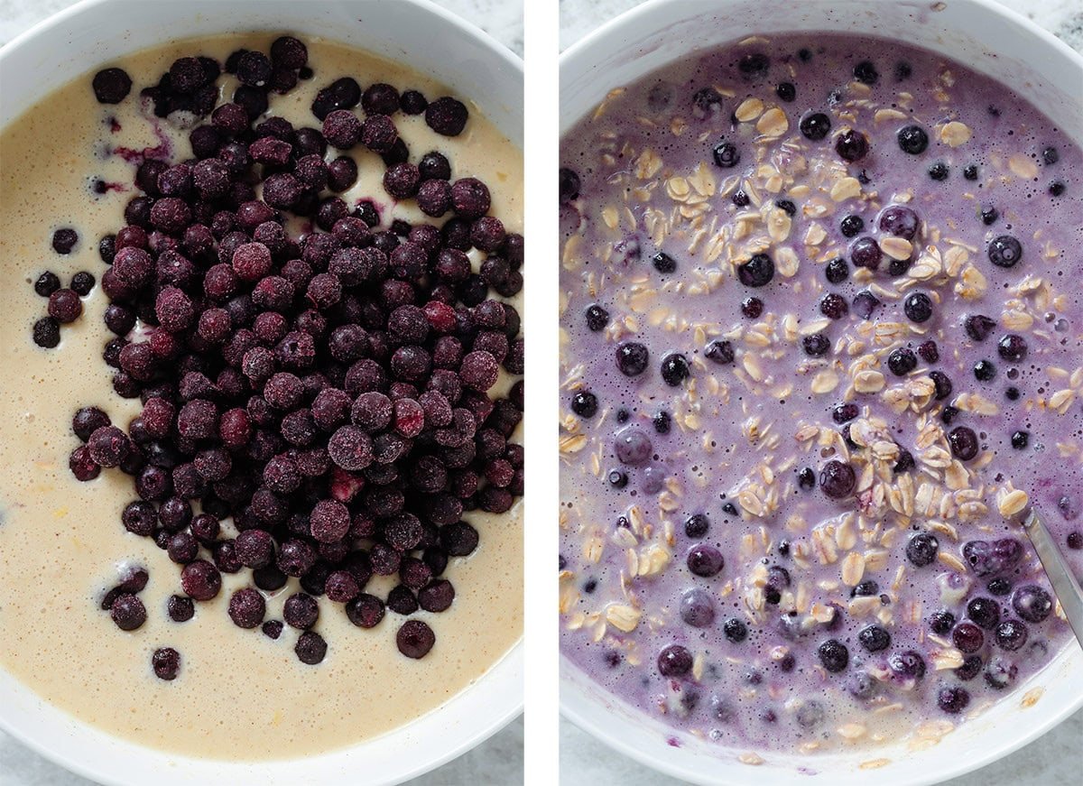 Frozen blueberries being stirred into baked oatmeal batter.