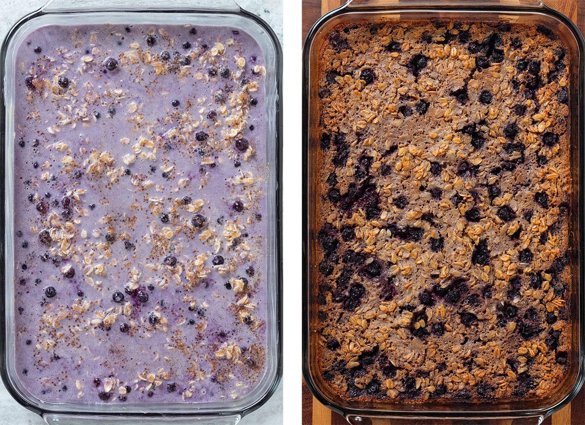 Baked oatmeal batter in a glass baking dish before and after baking.