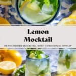 A lemon mocktail in a short glass with a blue rim garnished with lemon slices and fresh mint.