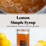 Orange colored lemon syrup in a tall glass jar with a black embossed label.