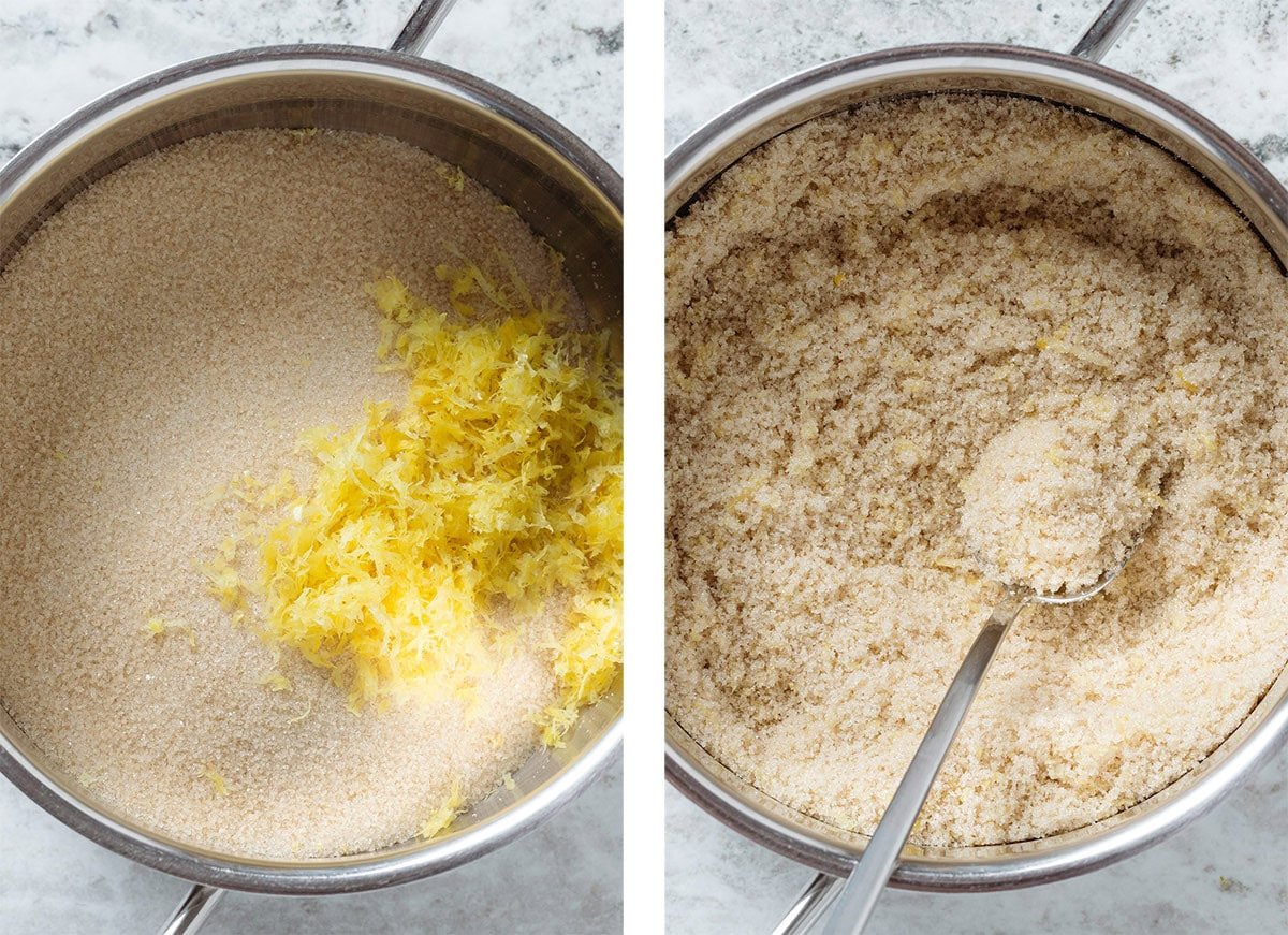 Lemon zest being stirred into cane sugar in a small pot to release its oils.