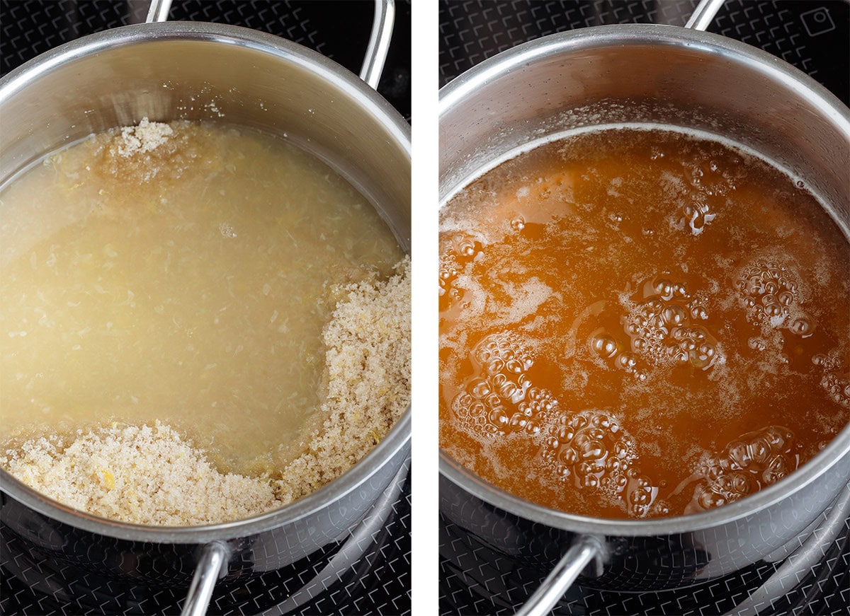 Lemon juice, cane sugar, and lemon zest simmering in a small pot on the stove.