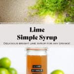 Dark yellow syrup in a glass jar with a black embossed label that says lime simple syrup with limes all around.