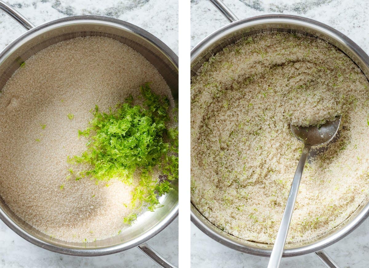 Cane sugar and lime zest being stirred together in a small pot.