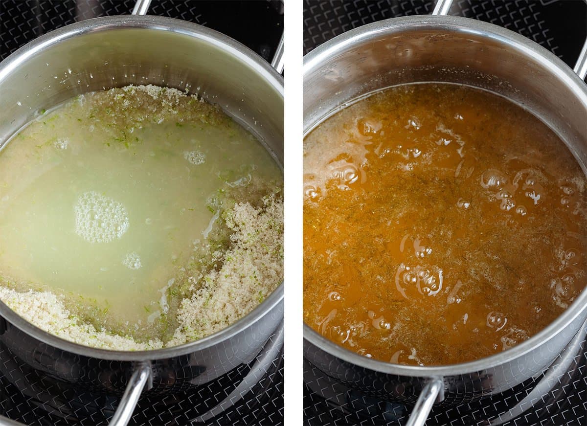 Lime juice, lime zest, and cane sugar simmering in a small pot on the stove.