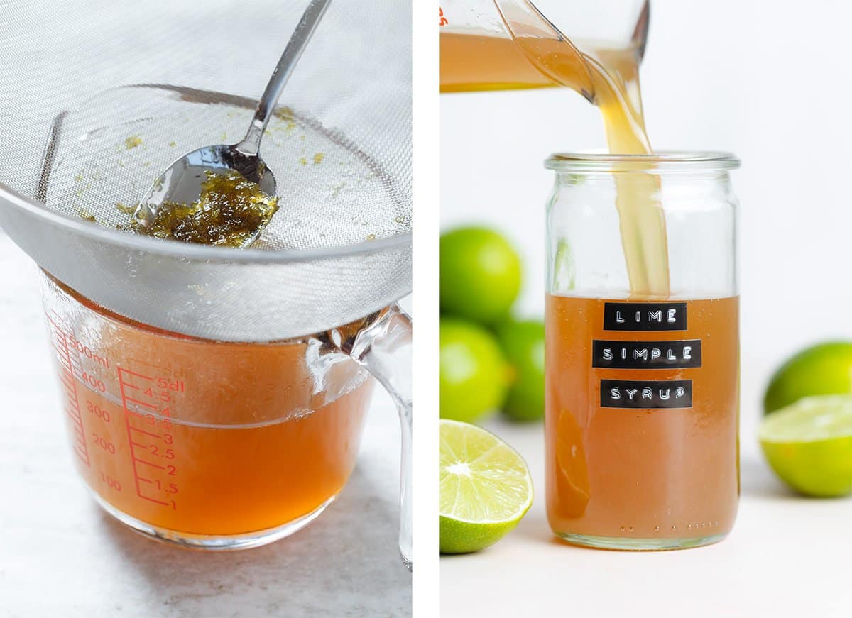 Syrup being strained into a glass measuring cup and being poured into a tall glass jar.