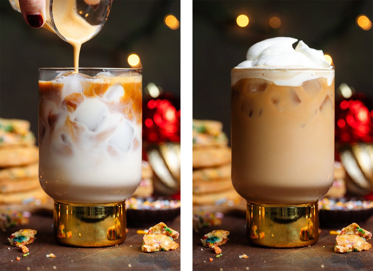 Two shots of espresso being poured over milk and ice and topped with whipped cream.