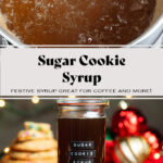 Dark brown syrup in a glass jar and an embossed label that says sugar cookie syrup