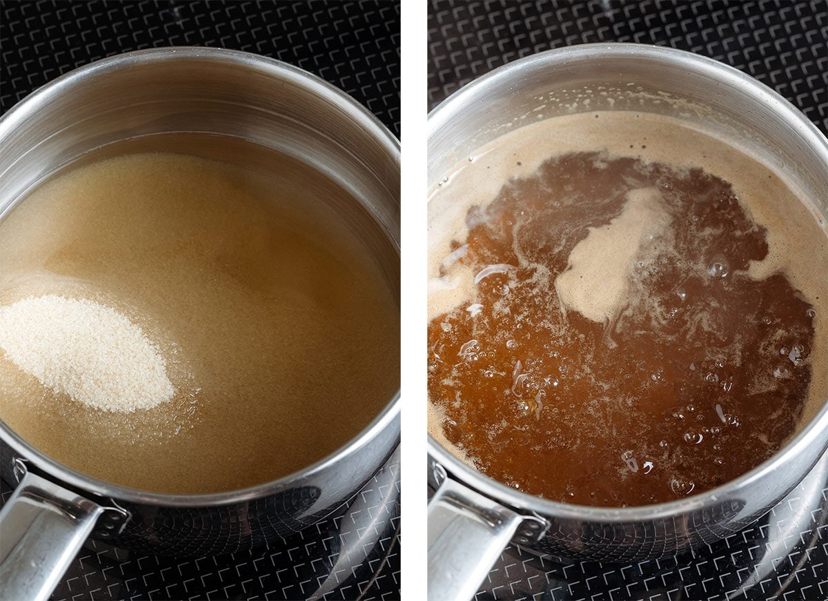 Cane sugar and water in a small saucepan simmering on the stove.