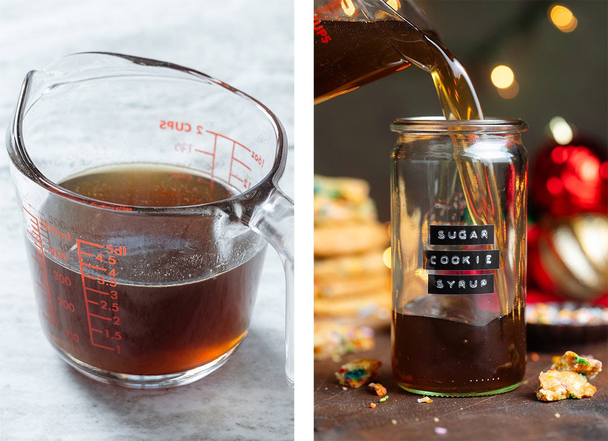 Dark amber simple syrup being poured into a glass jar from a large glass measuring cup.