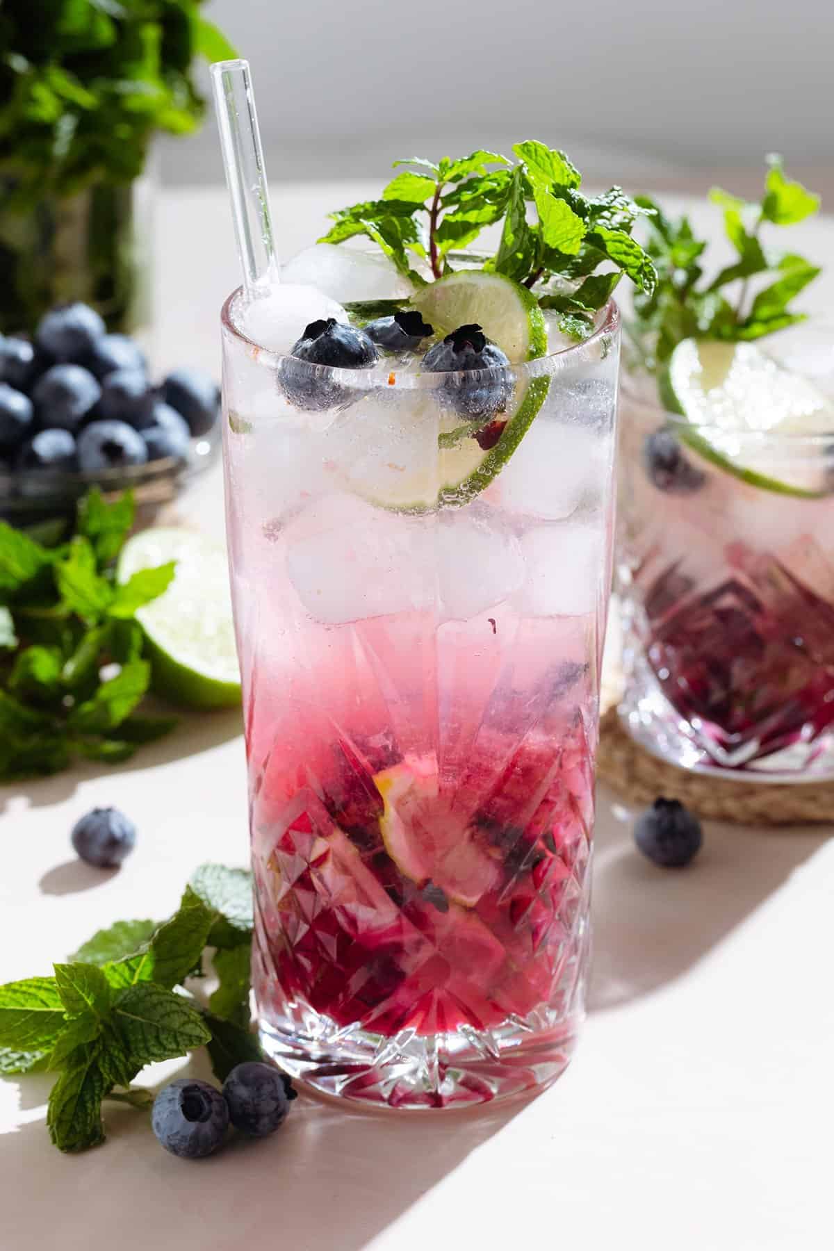 A tall glass with blueberry mojito garnished with fresh blueberries, mint, and a slice of lime.