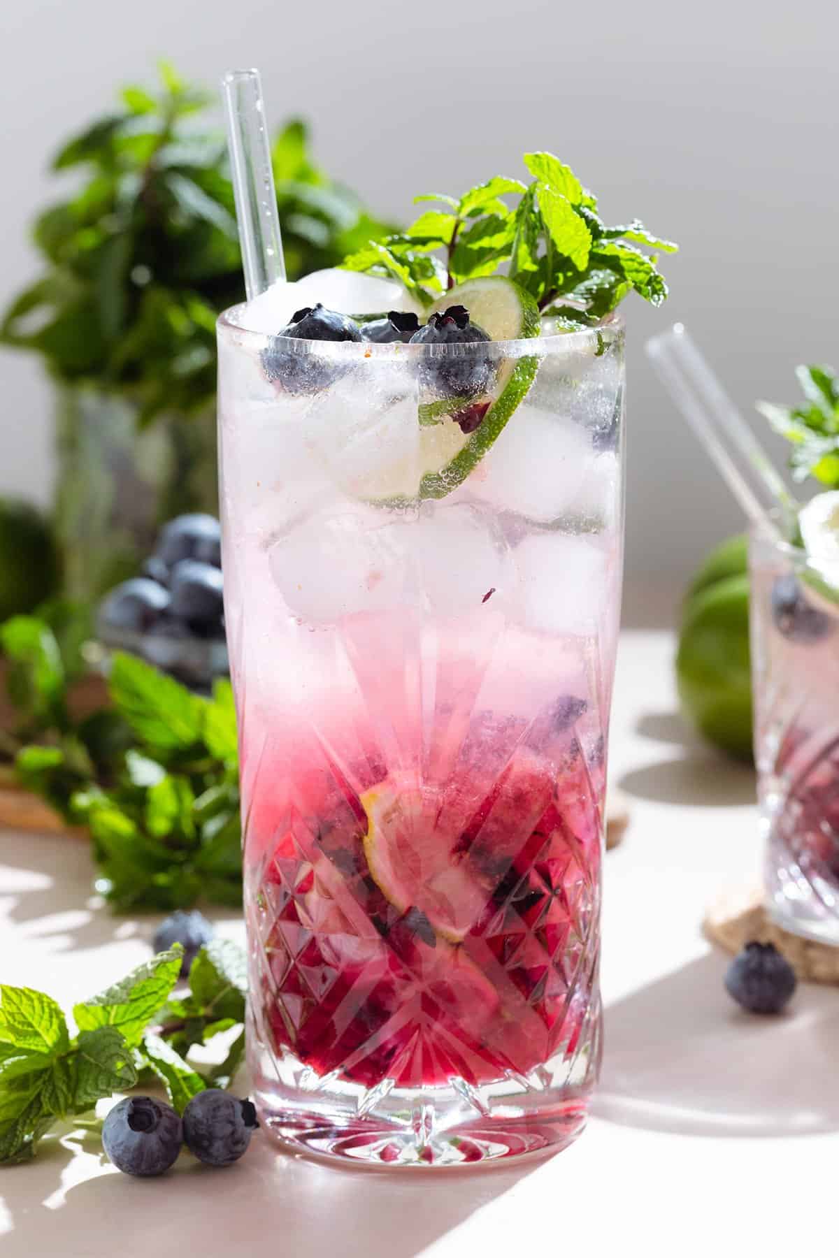 A tall glass with blueberry mojito garnished with fresh blueberries, mint, and a slice of lime.