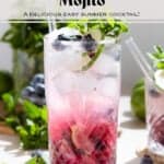 A tall glass with blueberry mojito garnished with fresh blueberries, mint, and a slice of lime.