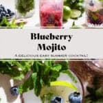 A tall glass with blueberry mojito garnished with fresh blueberries, mint, and a slice of lime.