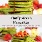 A stack of green pancakes topped with chopped strawberries and drizzled with maple syrup on a small plate.