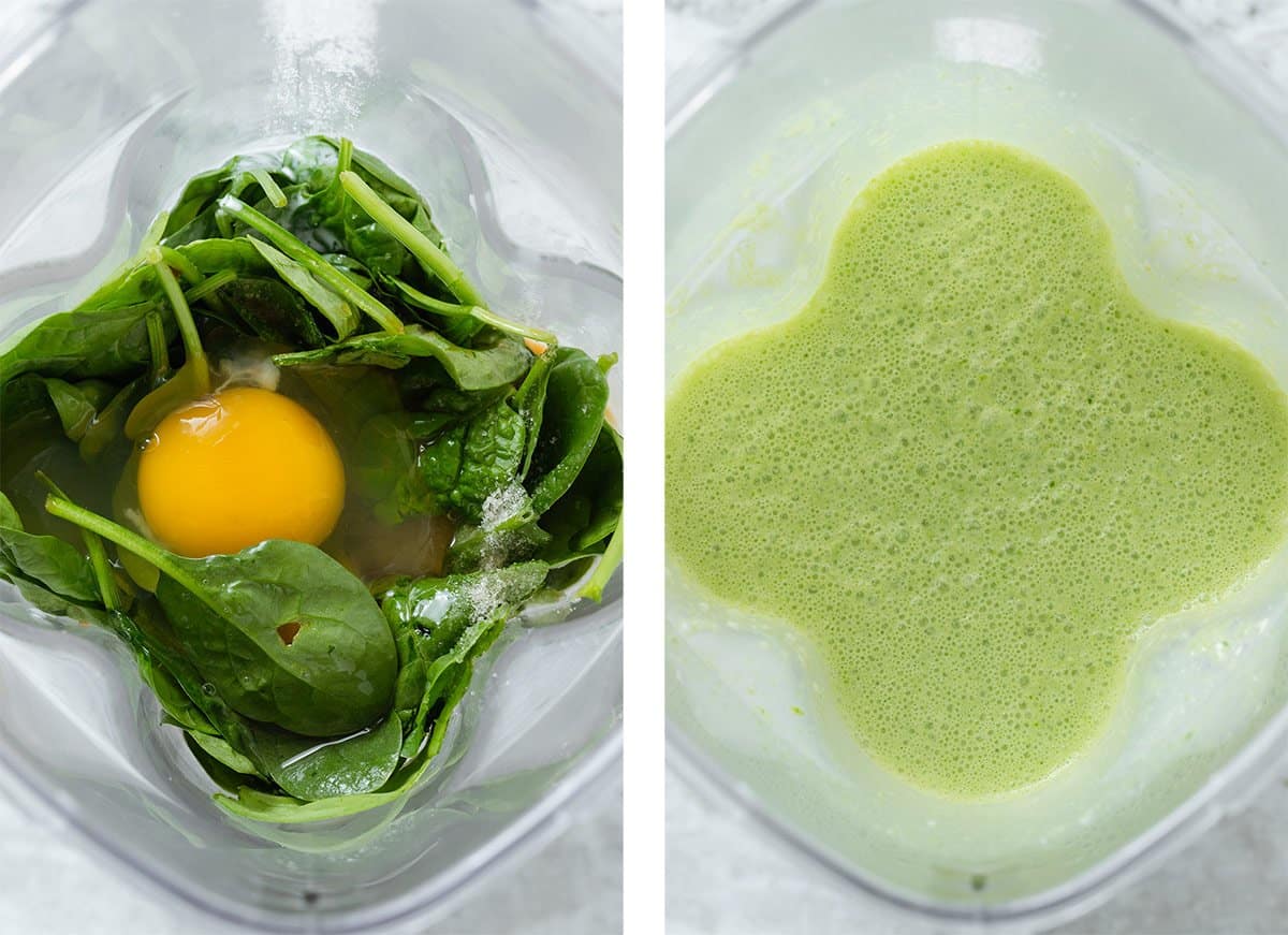 Baby spinach, eggs, and other ingredients in a high-speed blender before and after blending.