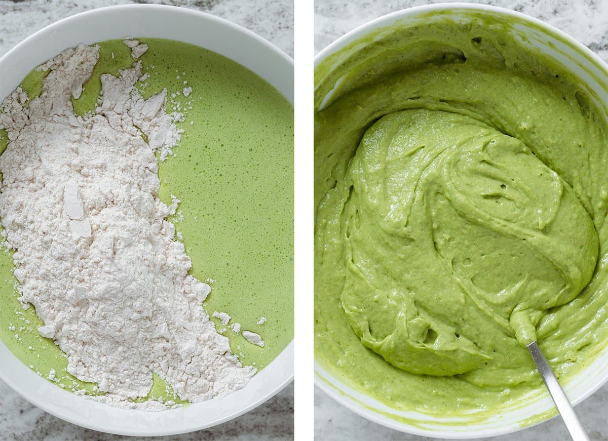 Flour being added into blended green wet ingredients and mixed into batter.