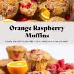 Raspberry muffins stacked on top of each other with more muffins and raspberries around.