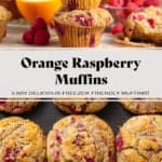 Two raspberry muffins stacked on top of each other with more muffins and raspberries around.