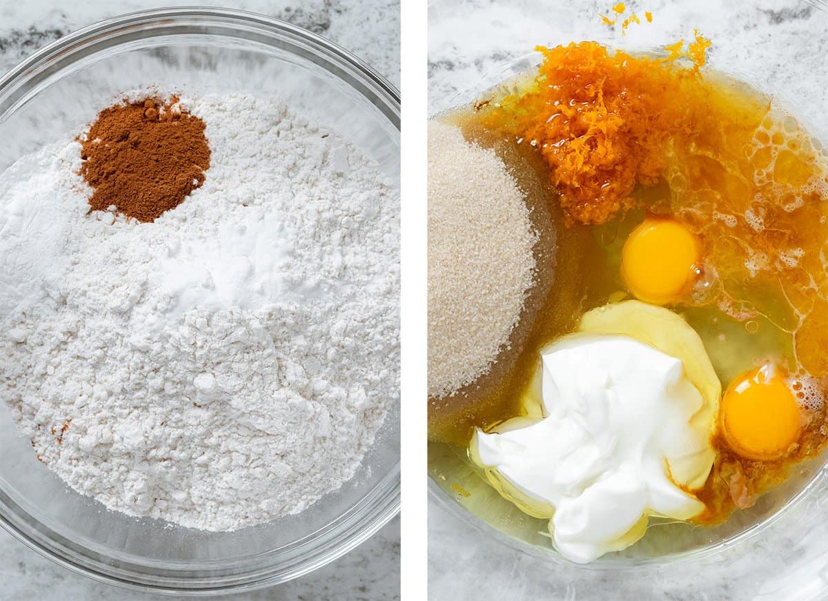 Flour with cinnamon and baking powder in one glass bowl and wet ingredients like eggs, yogurt, oil, and orange juice in another bowl.