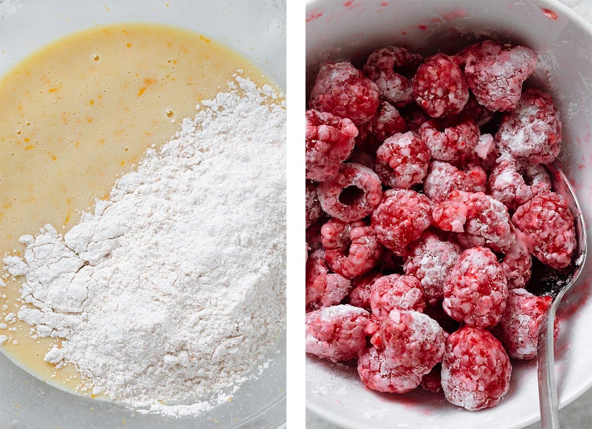Flour being mixed into wet ingredients and raspberries tossed with tapioca starch in a separate bowl.
