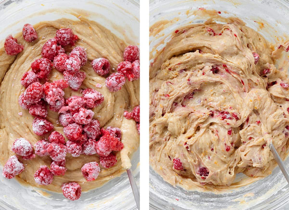 Tapioca covered raspberries being folded into muffin batter.