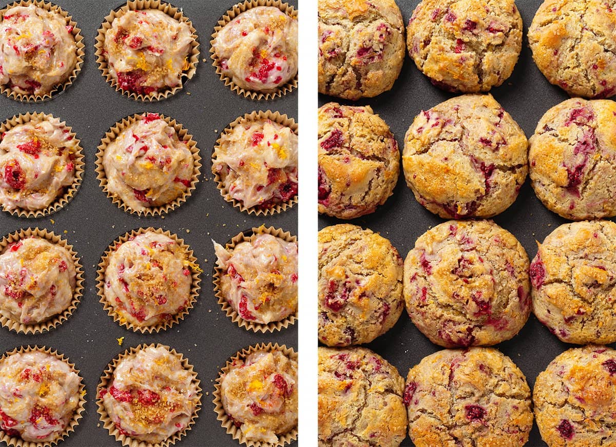 Raspberry muffins in muffin cups in a muffin pan before and after baking.