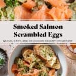 Scrambled eggs with smoked salmon in a white low bowl with toasted and buttered thick baguette slices and a fork.