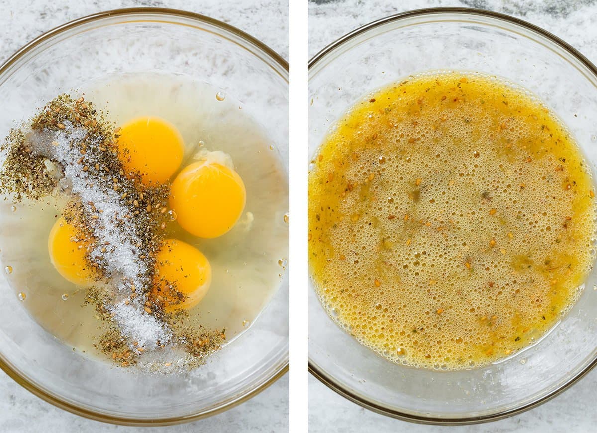 Eggs, and spices in a glass bowl before and after whisking.
