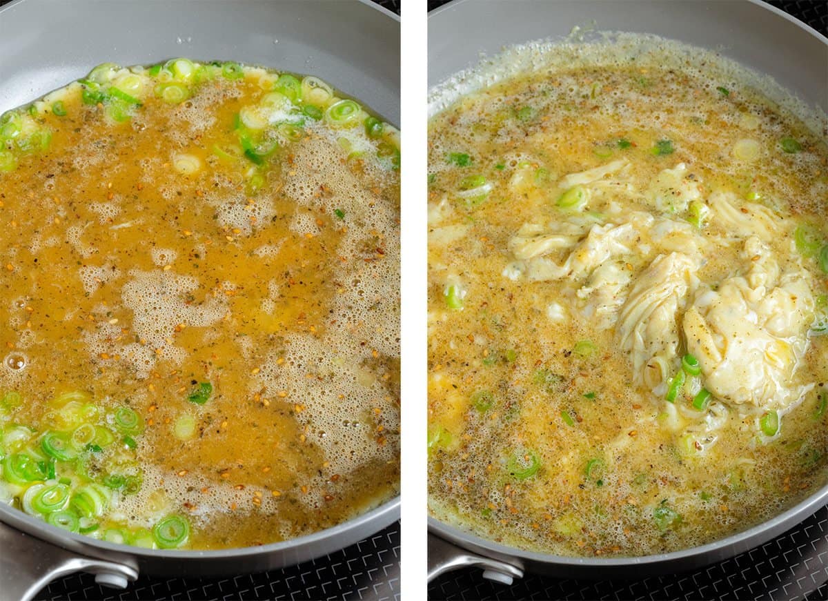 Scrambled eggs cooking with green onion in a non-stick pan on the stove.