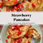 Pancakes with chopped fresh strawberries, powdered sugar, and a light drizzle of maple syrup on a green plate.