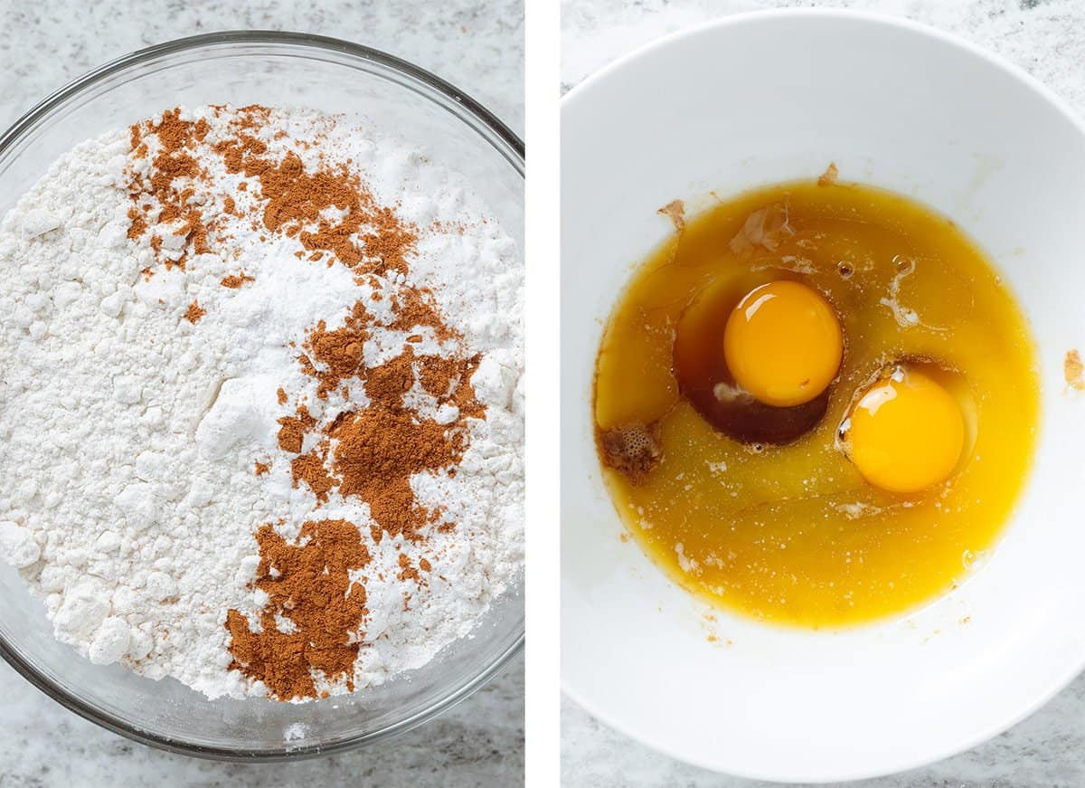 Flour, cinnamon and baking powder in a glass bowl and eggs, butter, and maple syrup in a white bowl.