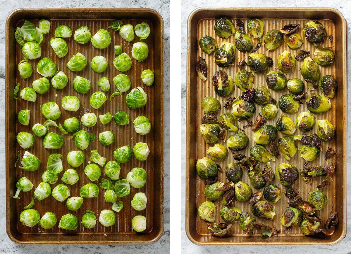 Halved brussels sprouts on a large baking sheet before and after roasting.