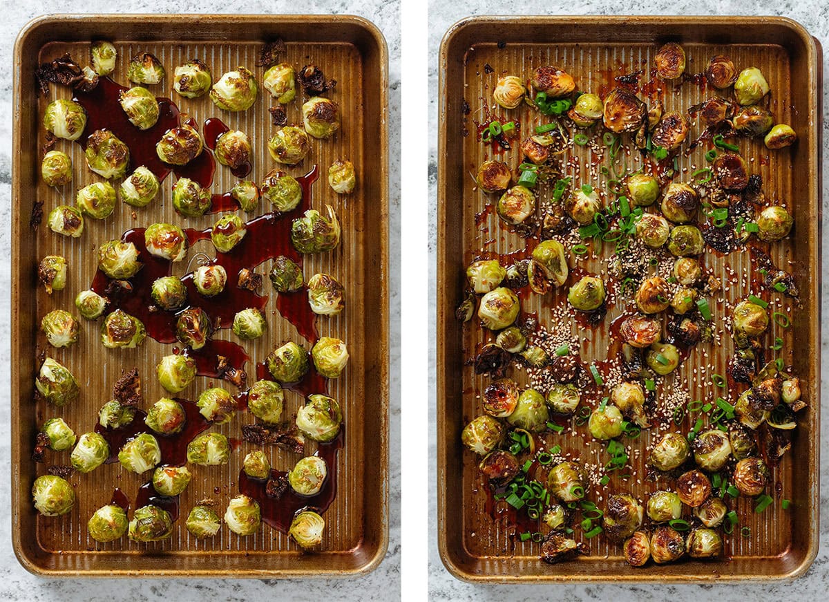 Roasted brussels sprouts tossed with teriyaki sauce and sprinkled with sesame seeds and green onion.