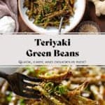 Roasted green beans with teriyaki sauce in a white bowl with a beige rim garnished with green onion and sesame seeds.