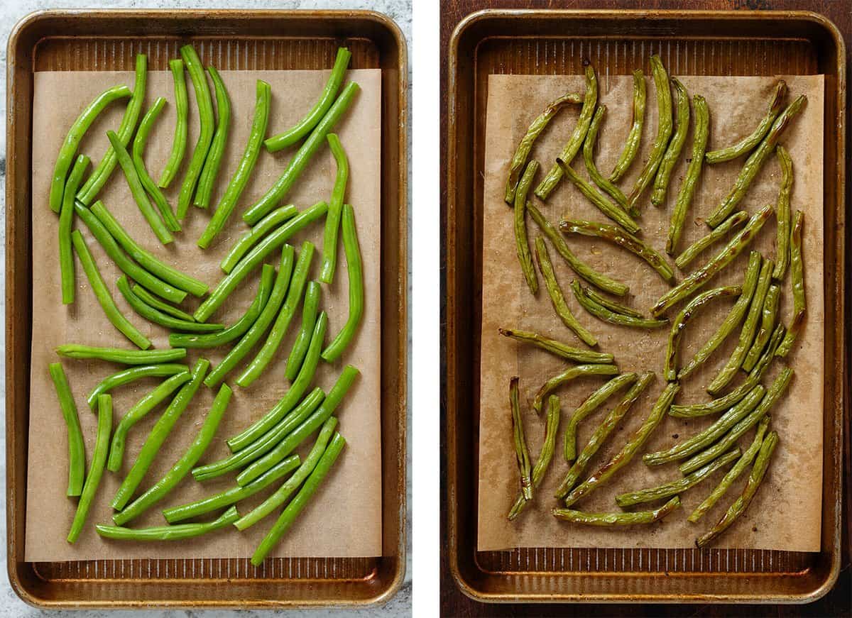 Green beans on a large baking sheet with parchment paper before and after roasting.