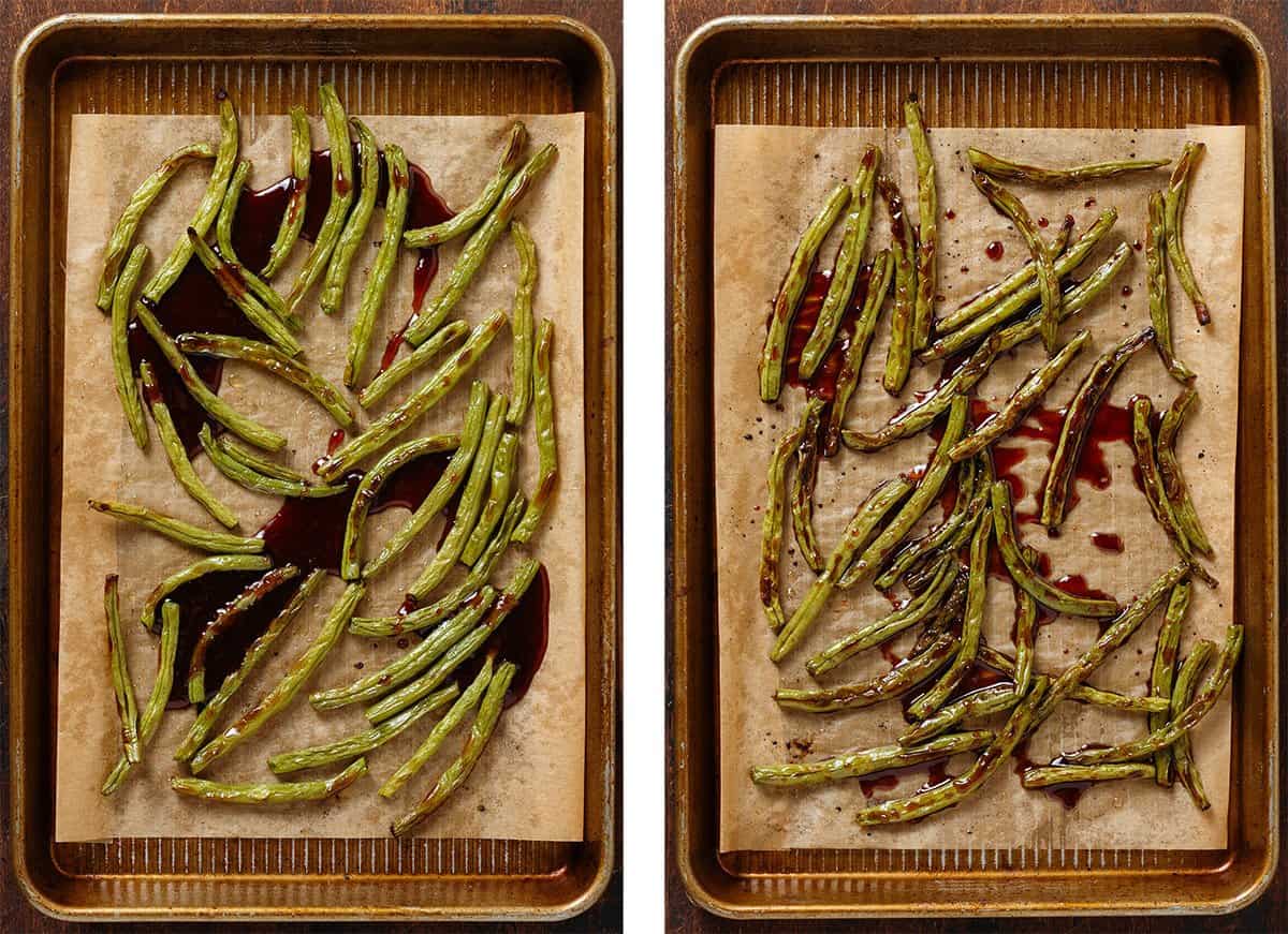 Roasted green beans on a baking sheet drizzled with dark teriyaki sauce before and after tossing together.