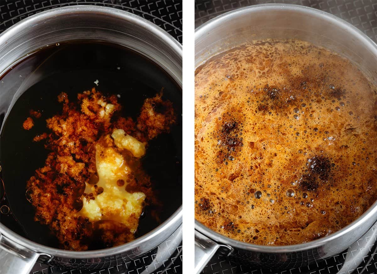 Tamari, minced garlic, ginger, and other ingredients simmering in a small saucepan on the stove.